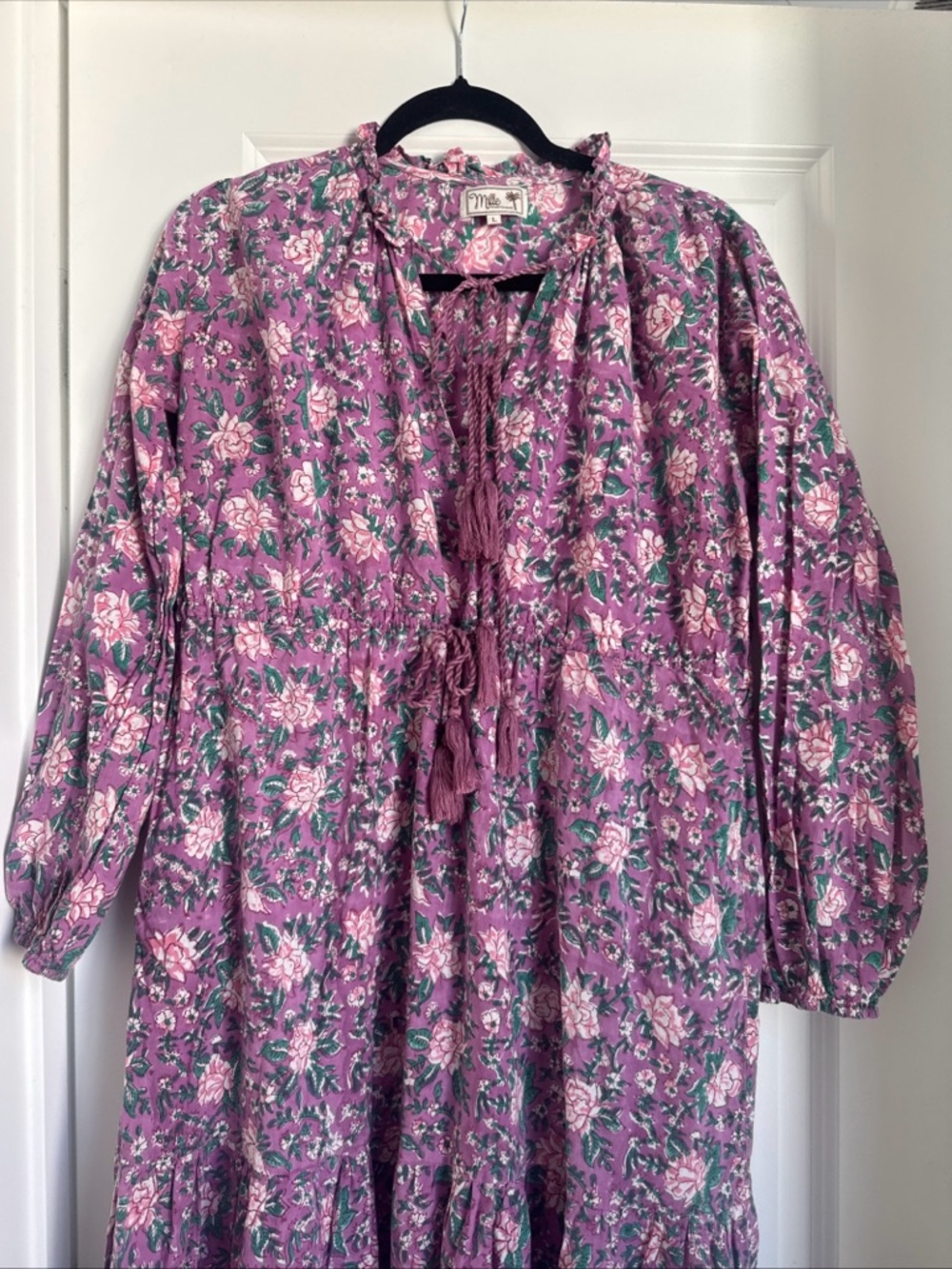 Mille Astrid Floral Cotton Purple Rose Midi Dress Ruffle Boho Size Large - Picture 3 of 7
